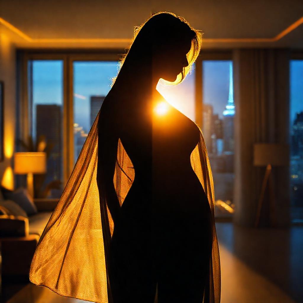 A woman stands silhouetted against a backdrop of a warmly lit, modern home interior transitioning in...