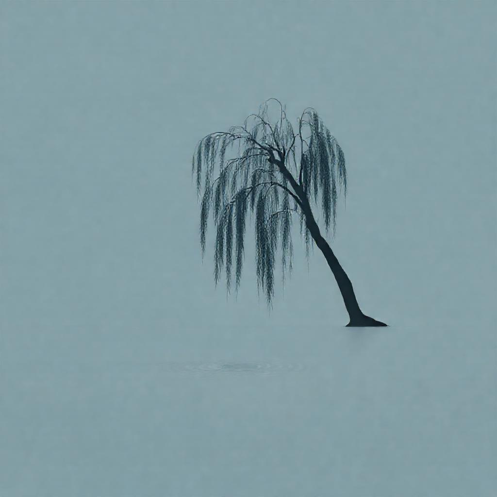 A single, stylized willow tree silhouetted against a muted, overcast sky. The tree's branches droop ...