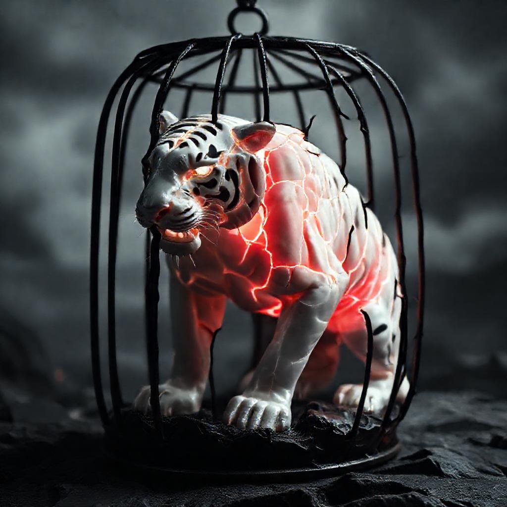 A fractured porcelain tiger, glowing with internal white-hot energy, partially contained within a da...