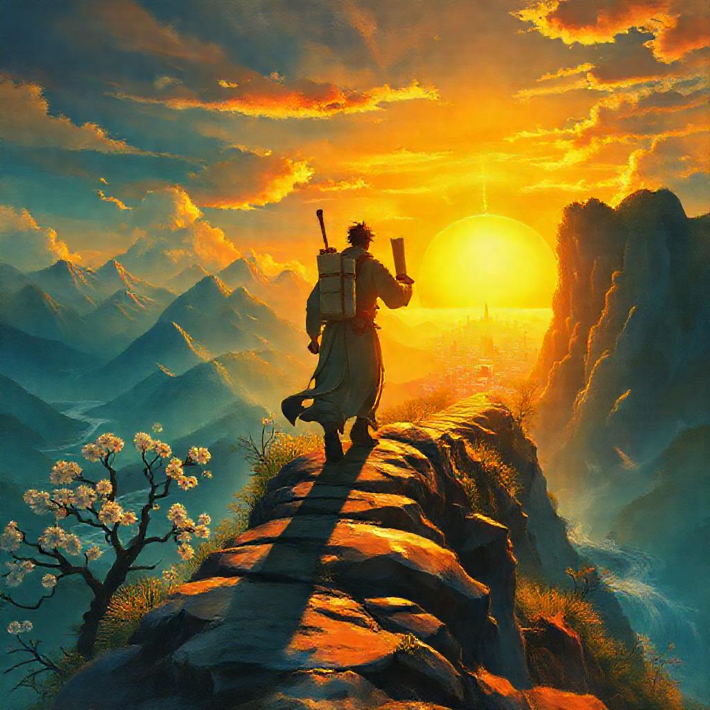 A dynamic scene depicting a figure ascending a winding mountain path towards a radiant city in the d...