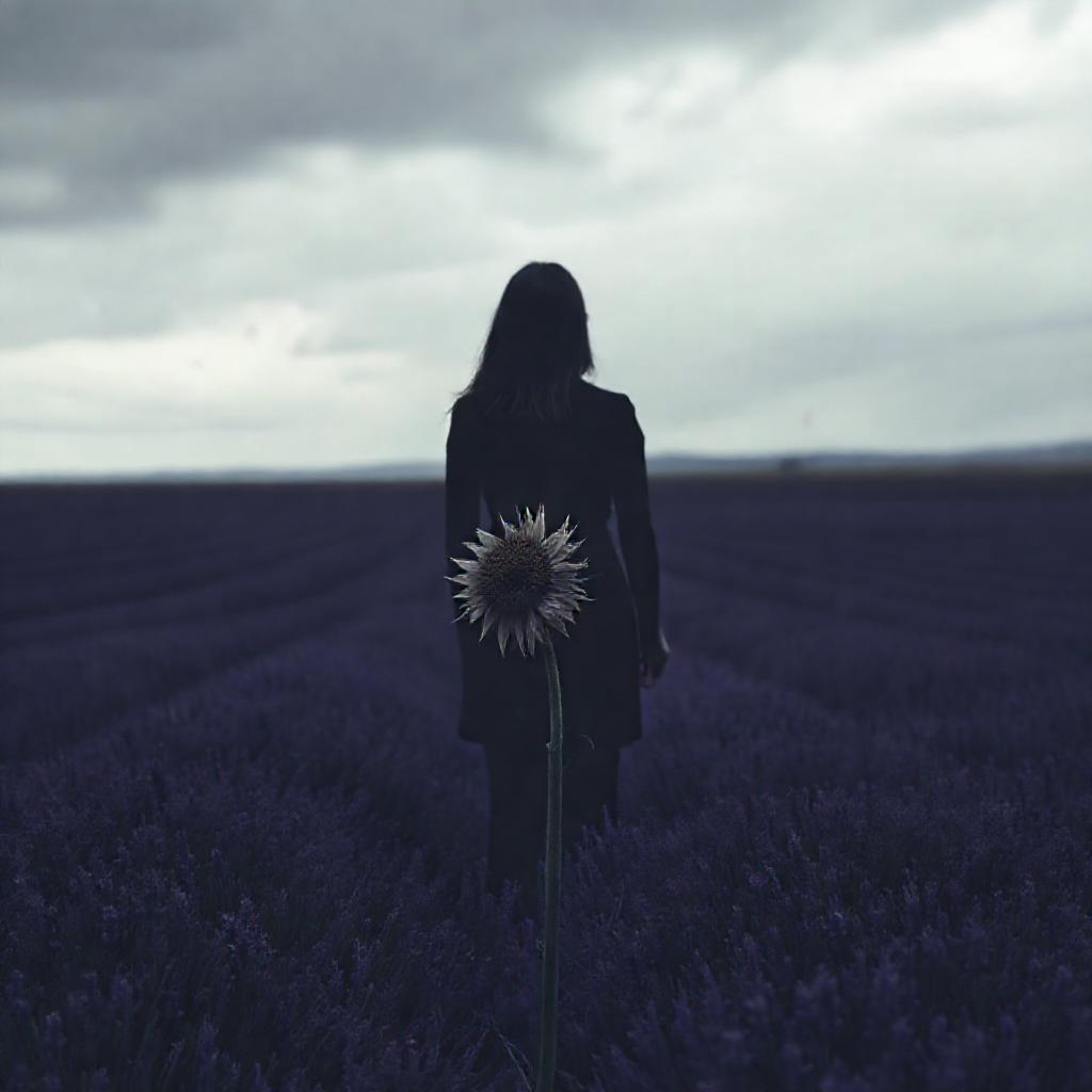 A solitary woman stands silhouetted against a vast, muted lavender field under a stormy, overcast sk...