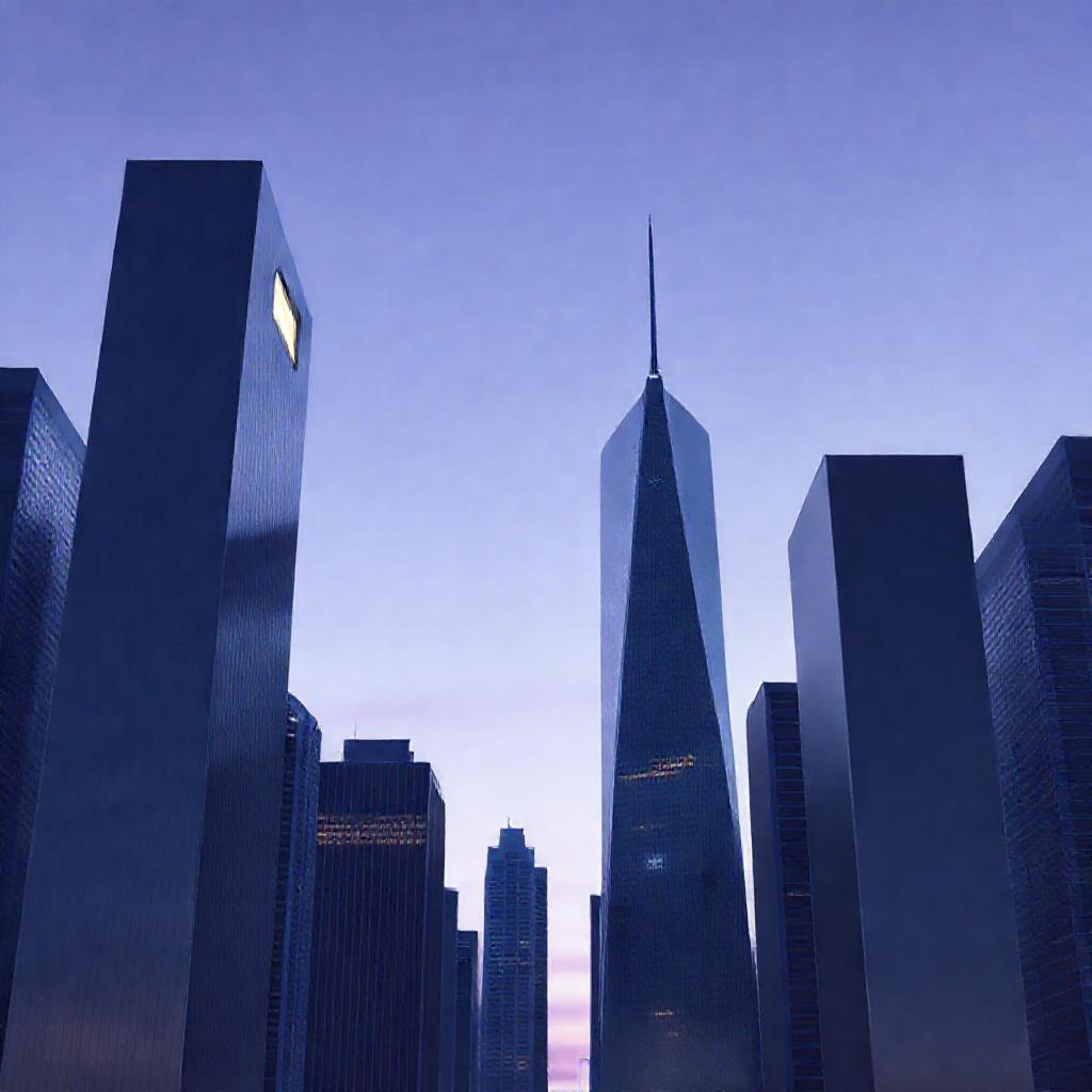 A sleek, minimalist cityscape at dusk. Tall, modern skyscrapers with a cool, blue-grey color palette...