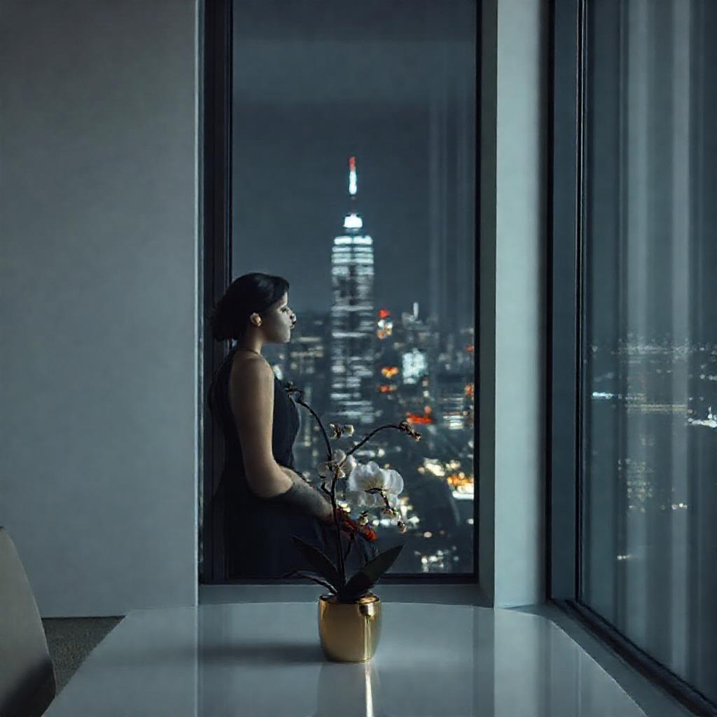 A solitary woman in a lavish, minimalist apartment, bathed in cool, diffused light. She’s elegantly ...