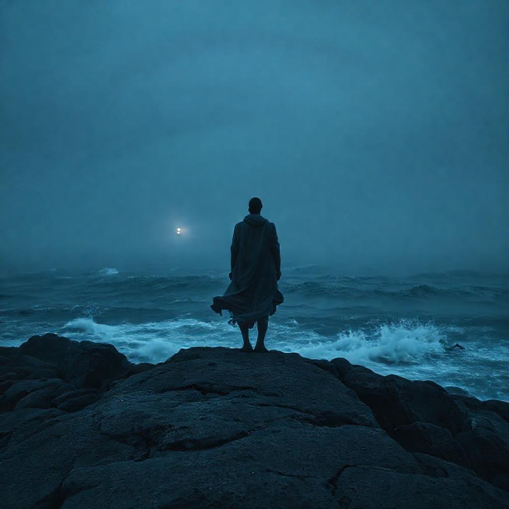 A solitary figure, back turned, standing on a windswept, rocky coastline at dusk. Muted blues and gr...