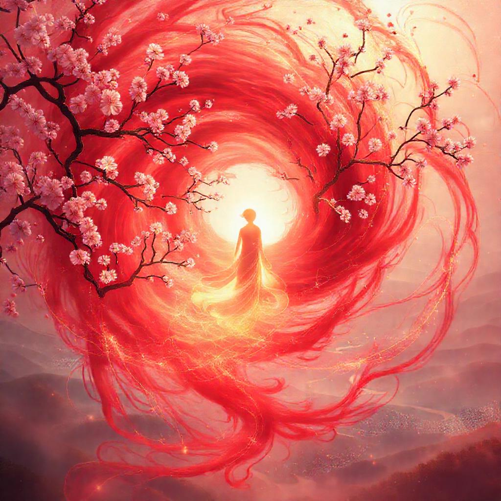 A vibrant, swirling vortex of crimson and gold energy, representing passionate connections. A centra...