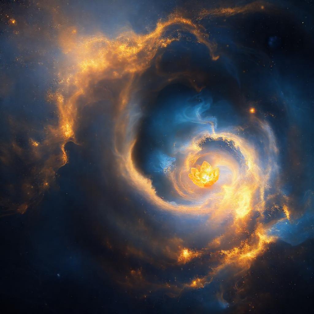 A luminous, swirling nebula in shades of deep indigo and shimmering gold, representing a mother-daug...