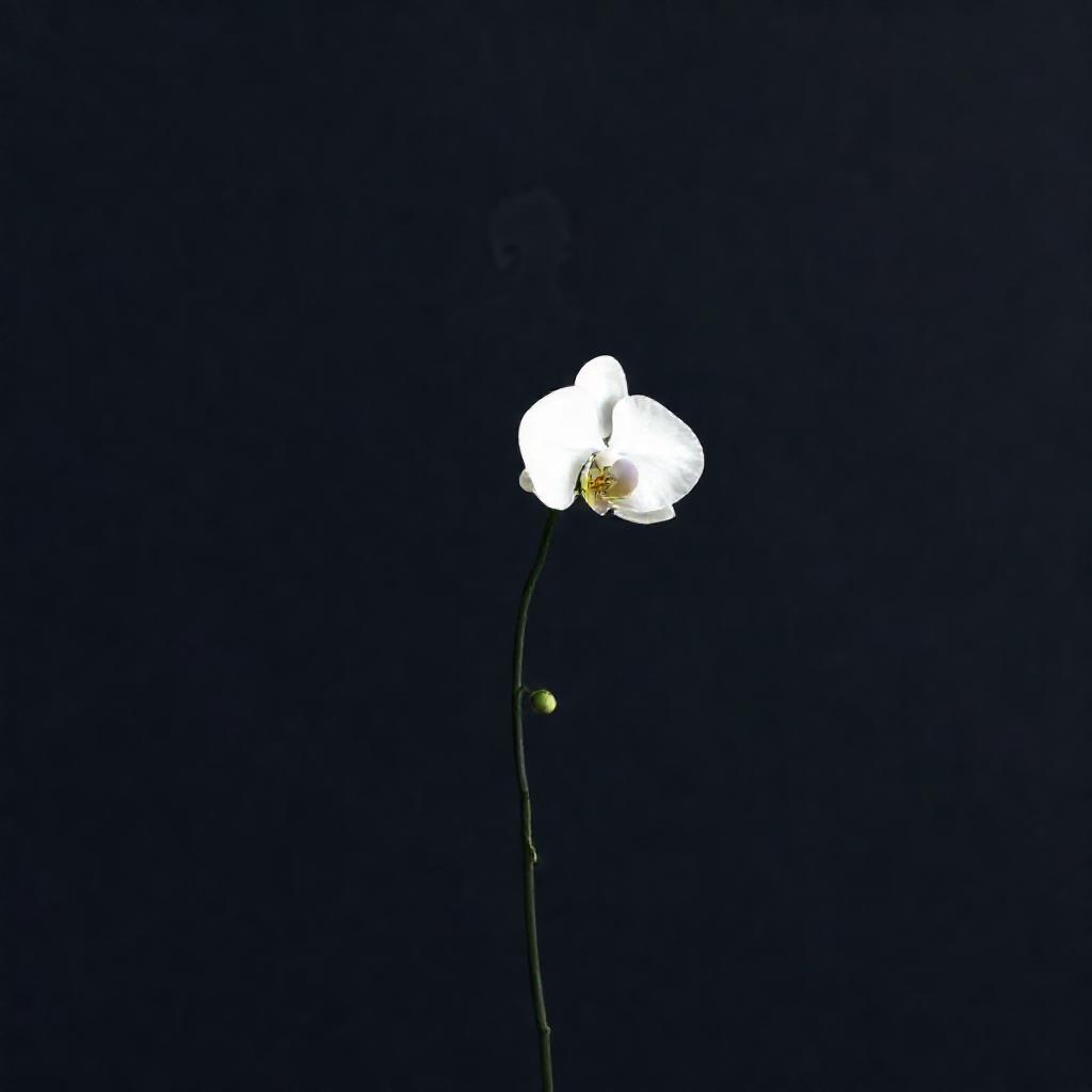 A single, stark white orchid, slightly drooping, against a deep charcoal gray background. A faint, f...