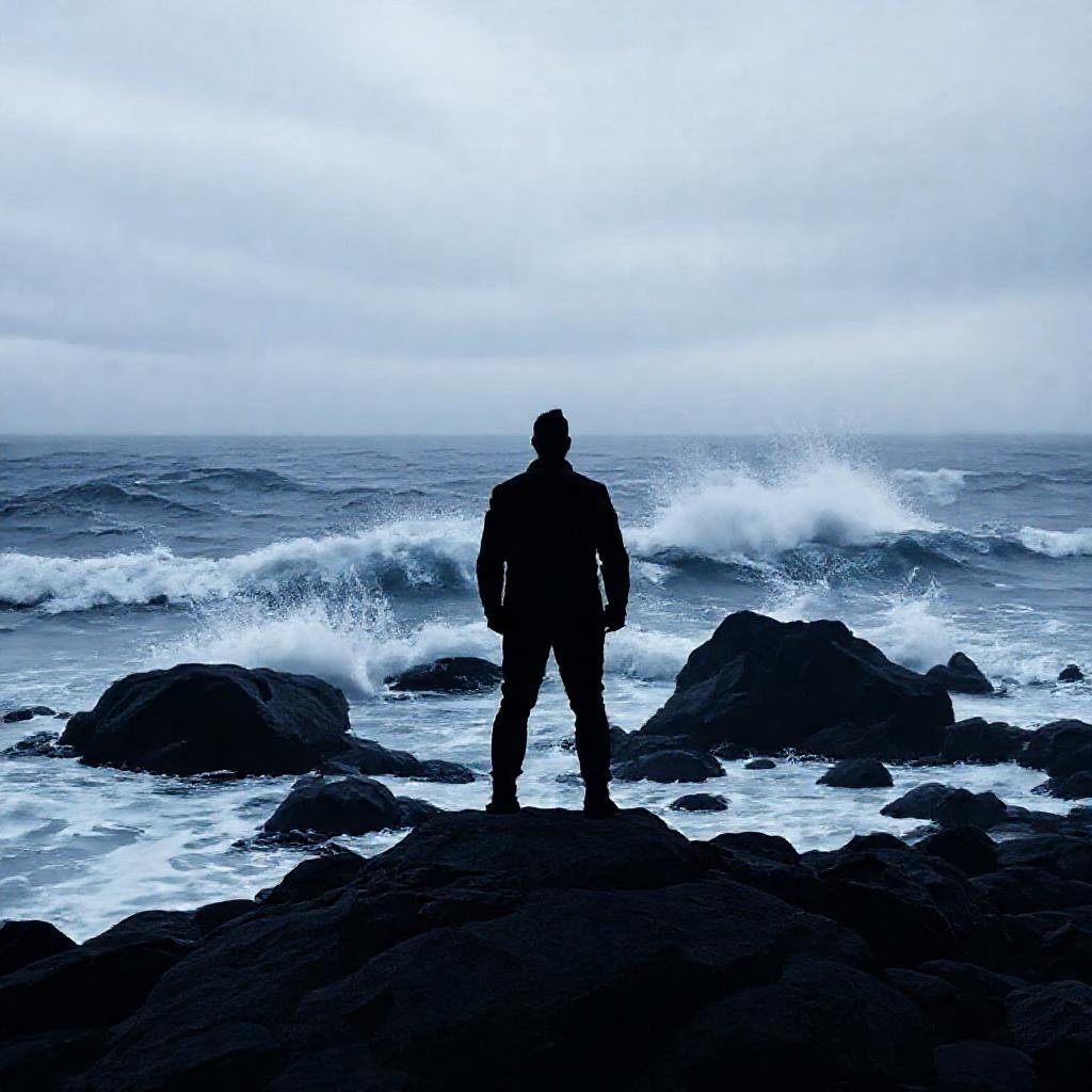 A solitary figure, back turned, standing on a windswept, rocky coastline under a gray, overcast sky....