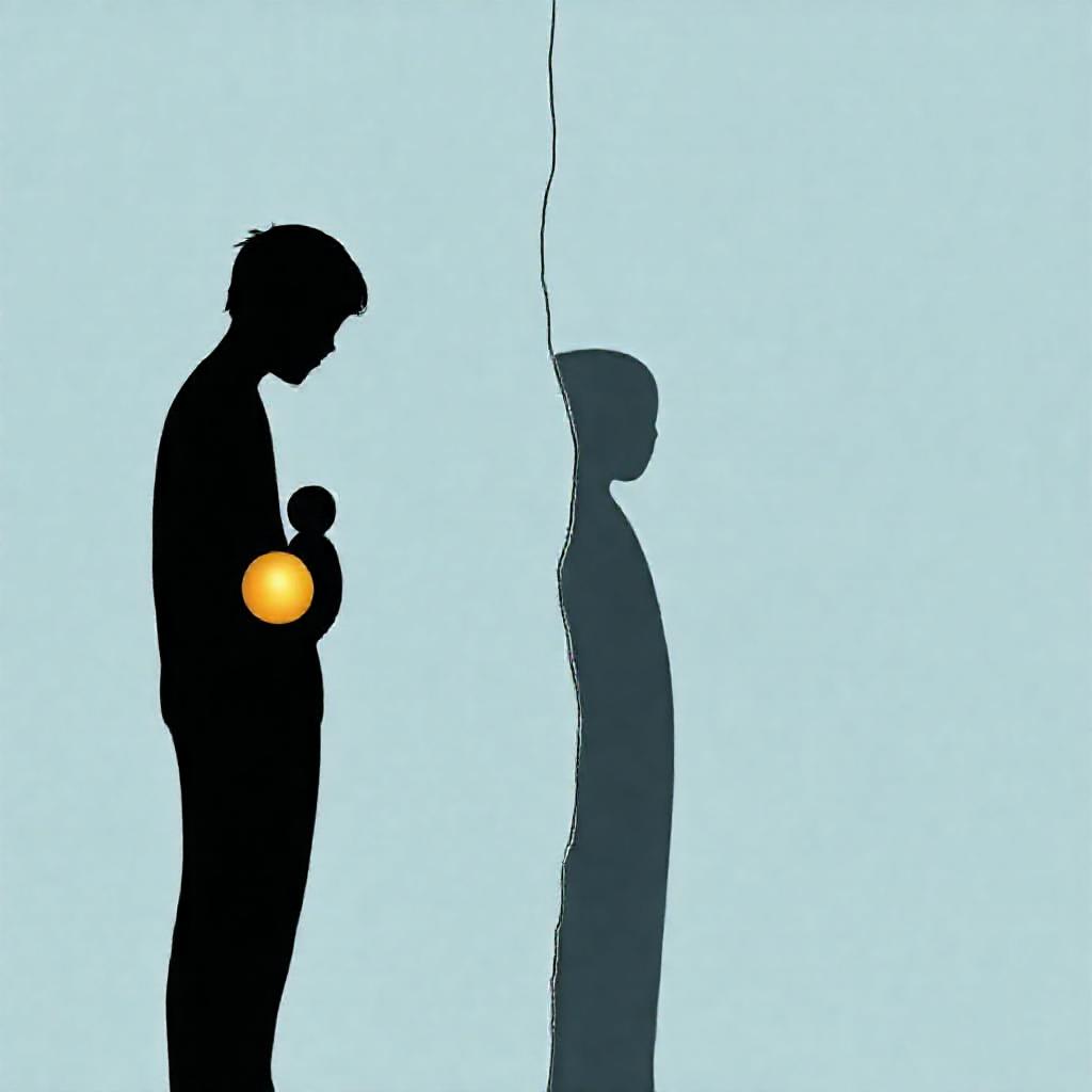Minimalist composition: Two figures, silhouetted, facing away from each other. One figure gently hol...