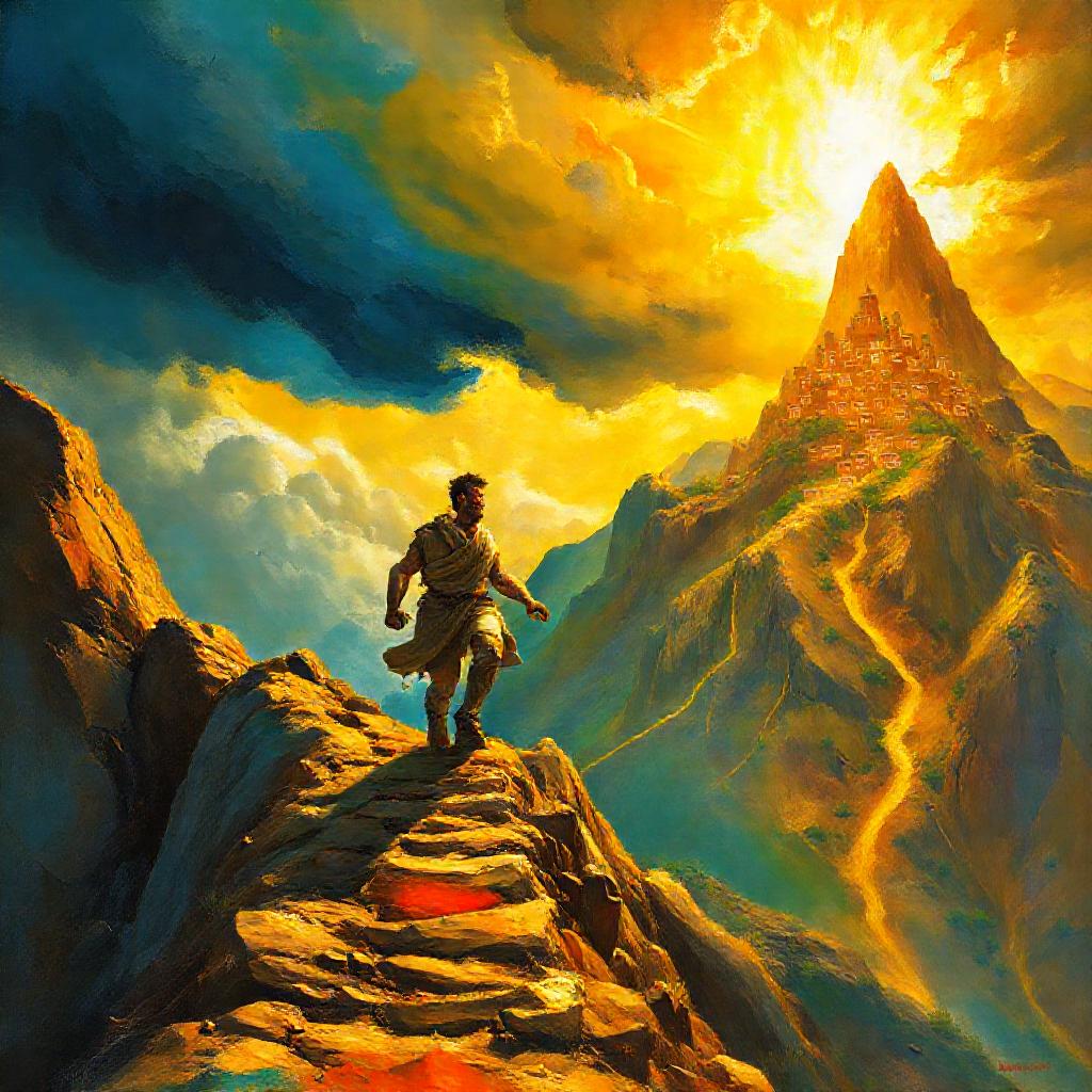 A dynamic, vibrant scene depicting a man ascending a steep, winding mountain path towards a radiant,...