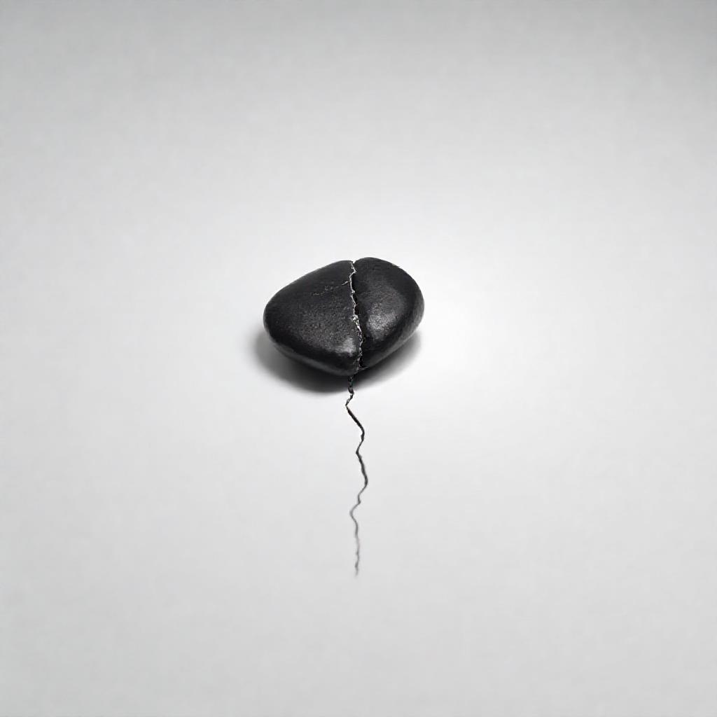 A single, polished black stone resting on a stark white plane. A faint, diverging crack subtly split...