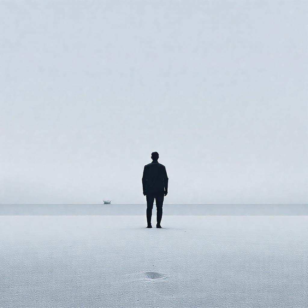 A solitary figure, back view, standing on a vast, empty grey beach under a muted, overcast sky. The ...