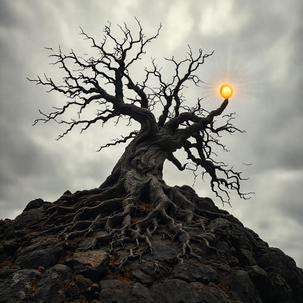 A solitary, ancient gnarled tree on a windswept, rocky hilltop under a dramatic, overcast sky. Roots...