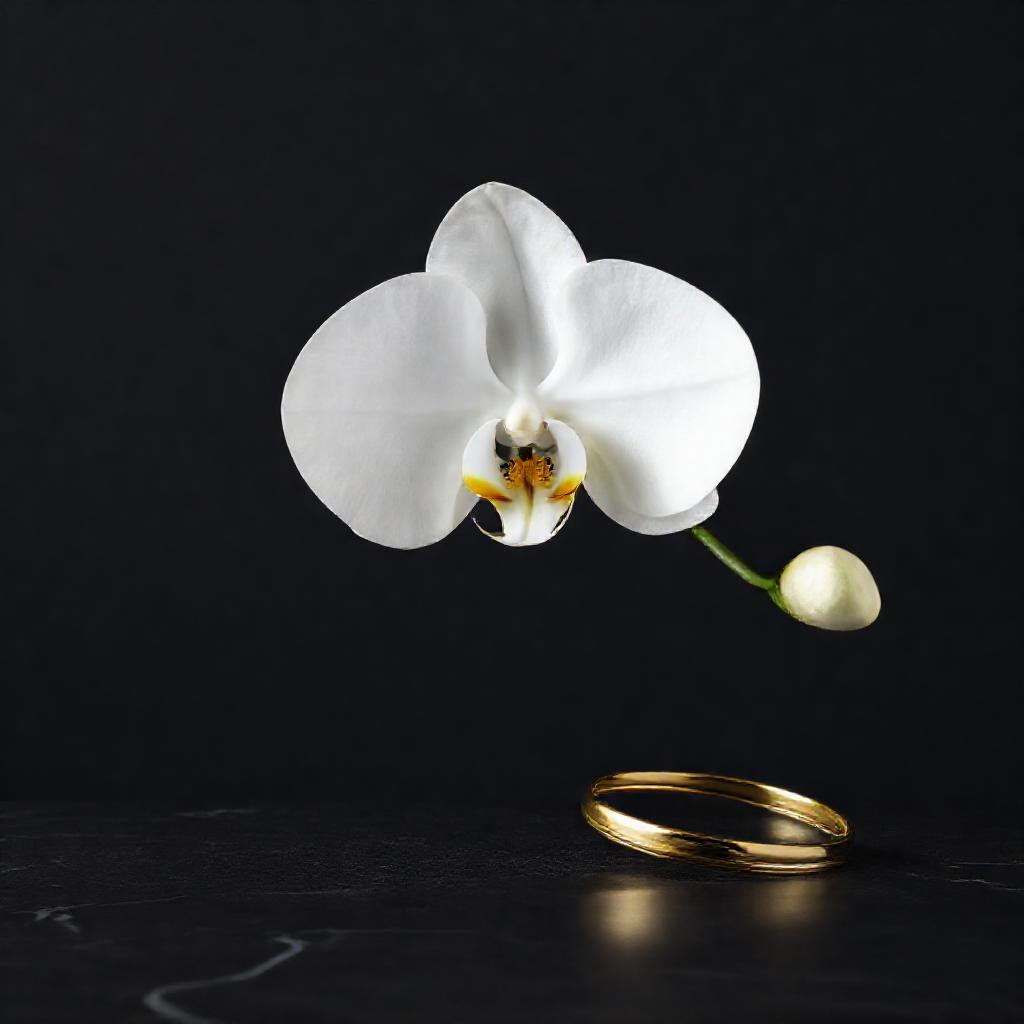 A single, elegant white orchid in full bloom, positioned slightly off-center against a deep charcoal...