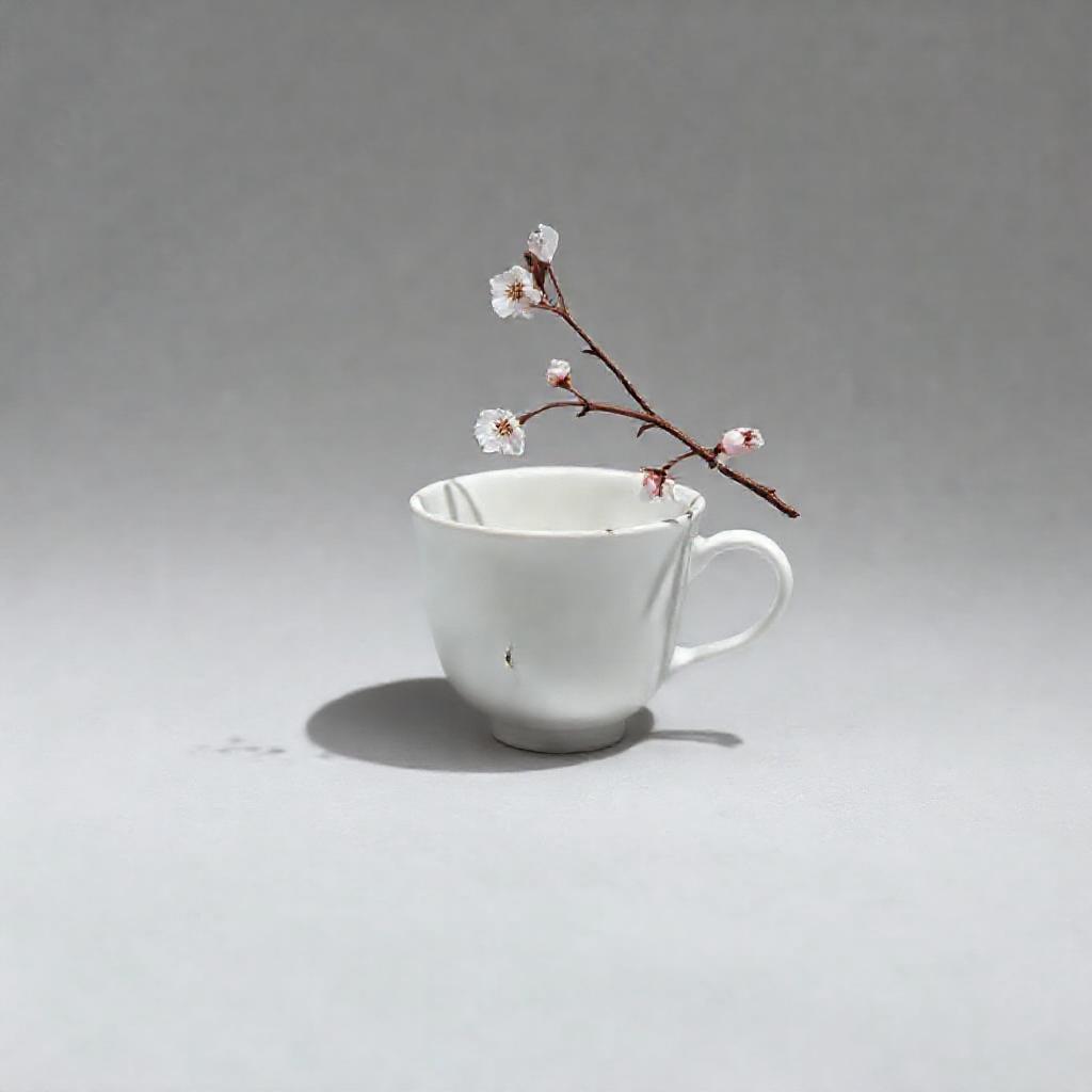 A single, stark white ceramic teacup, slightly chipped, casting a long, subtle shadow on a pale grey...