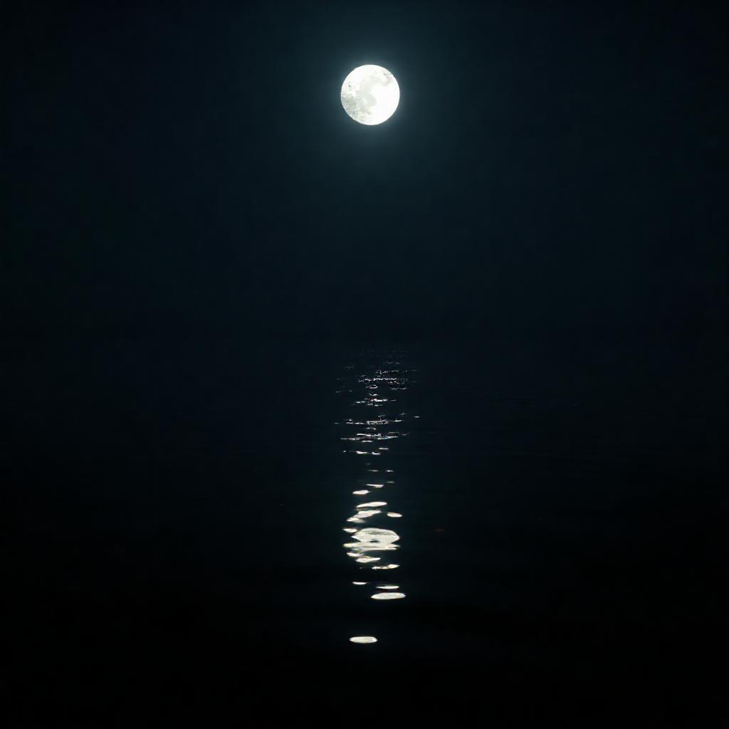 A serene, dark lake reflecting a brilliant full moon. The moon's light casts shimmering, distorted r...