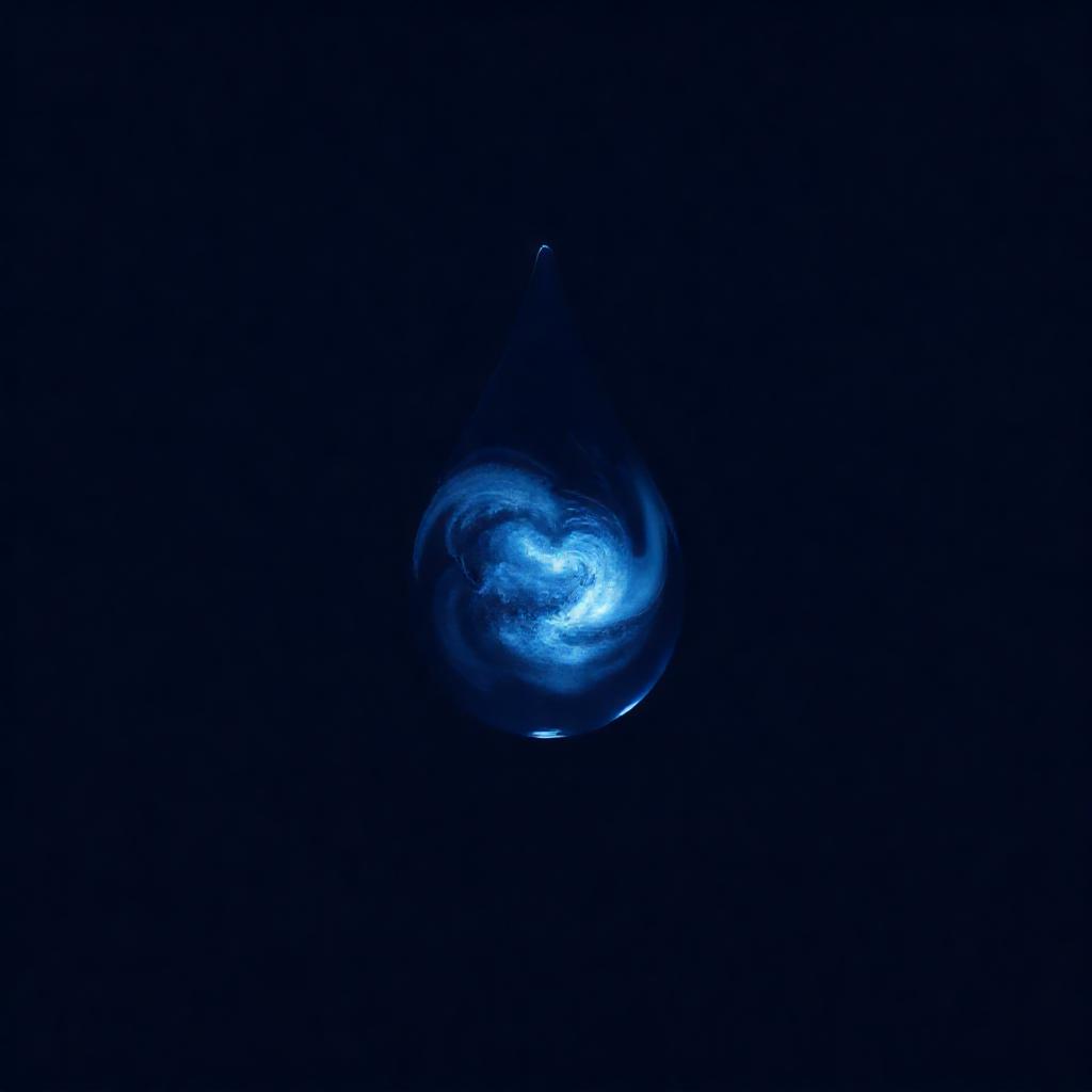 Minimalist depiction of a single, luminous water droplet suspended in deep indigo space. The droplet...