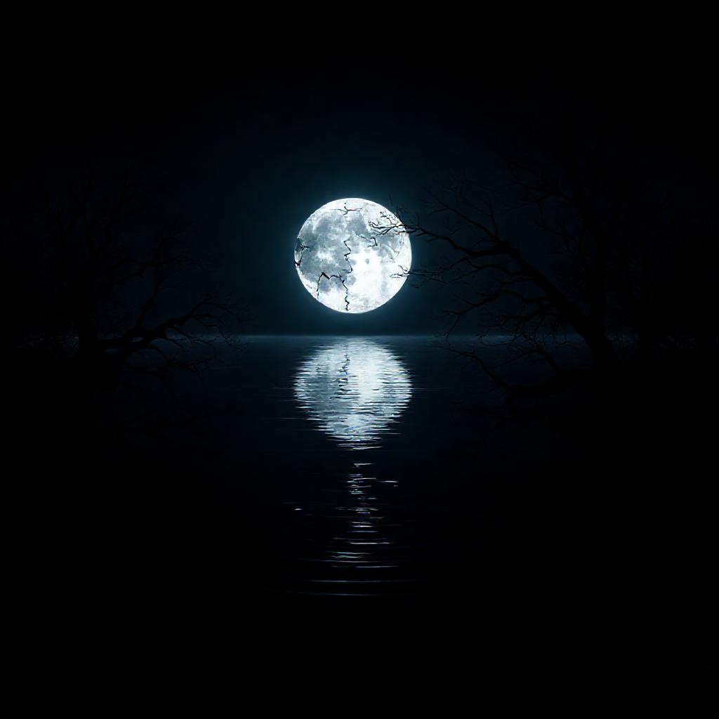 A serene, dark lake reflecting a fractured, luminous full moon. The water’s surface subtly ripples, ...
