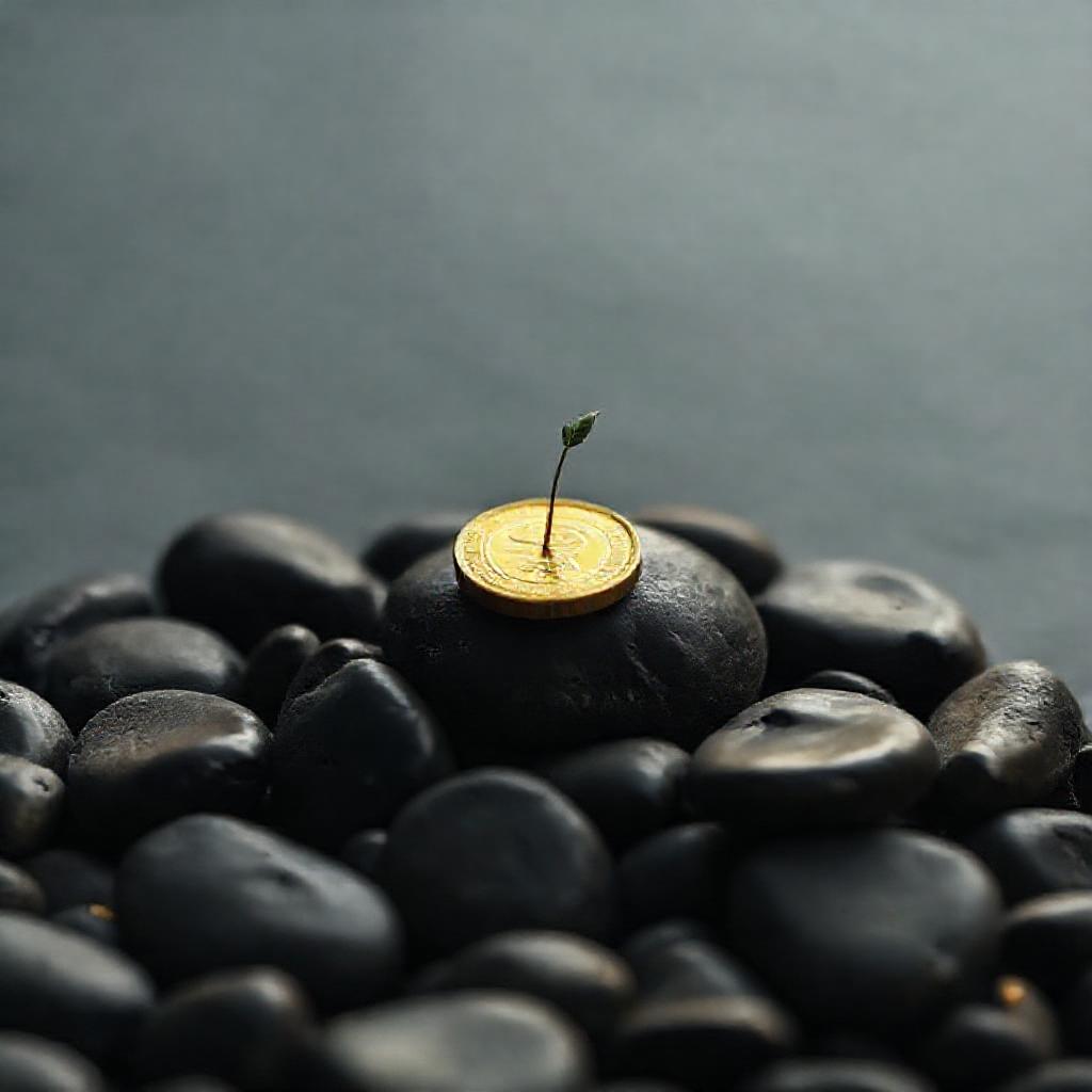 Minimalist composition: A single, polished golden coin resting on a bed of dark, smooth river stones...