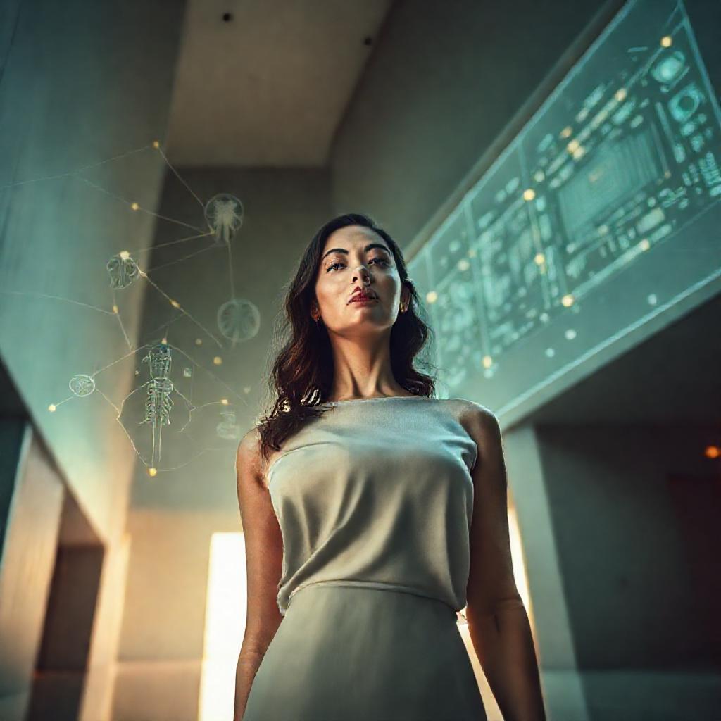 A woman, bathed in soft, diffused light, stands confidently within a stylized, minimalist architectu...