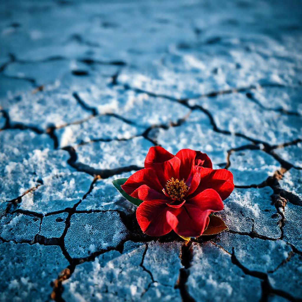 A single, vibrant crimson camellia blooming from cracked, frost-covered earth. Icy blues and whites ...