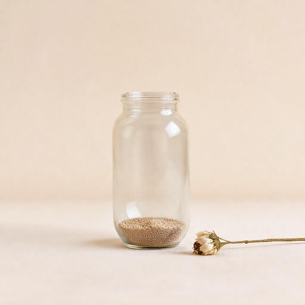 Minimalist composition: A delicate, empty glass jar slowly tilting, sand grains slipping through its...