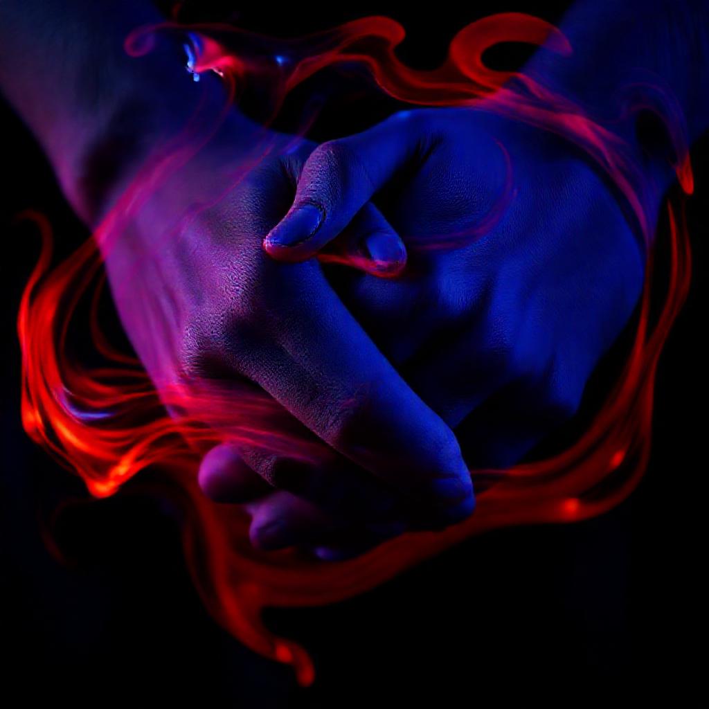 Close-up of two hands gently intertwining, bathed in deep indigo and crimson light. Fluid, abstract ...