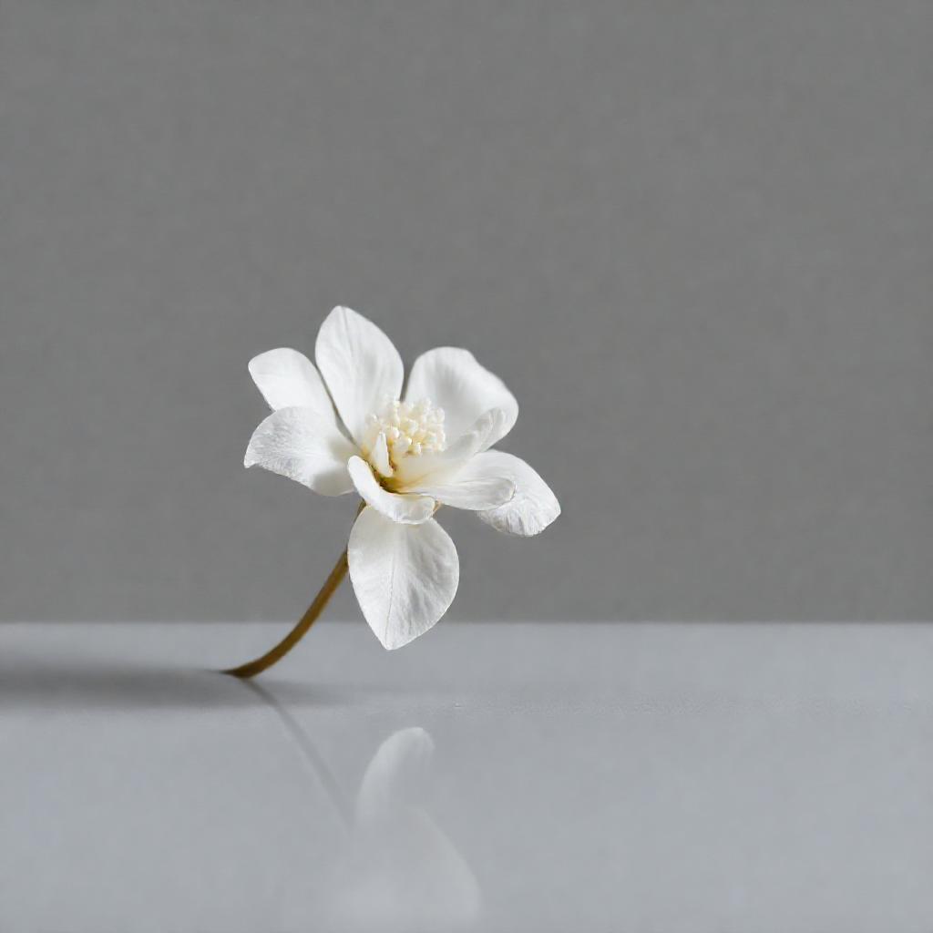A single, delicate white camellia blossom, slightly tilted, against a muted grey background. Soft, d...