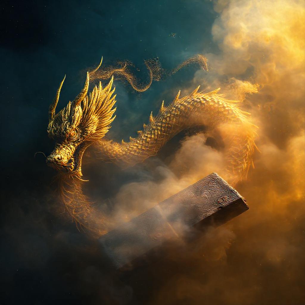 Intricate, swirling nebula of deep indigo and gold, resembling a coiled golden dragon emerging from ...