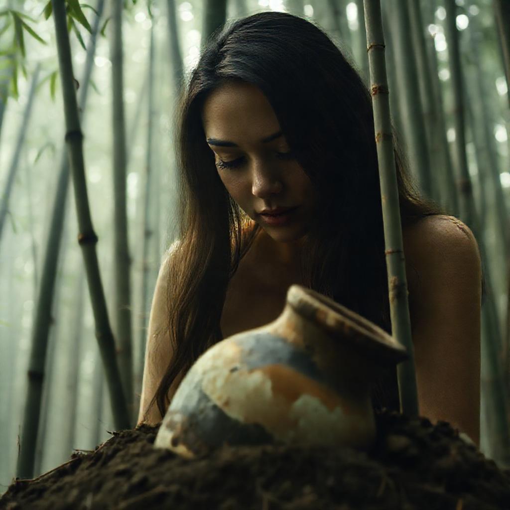 A woman, serene expression, gazing downwards at a weathered, partially buried ceramic vessel. Soft, ...
