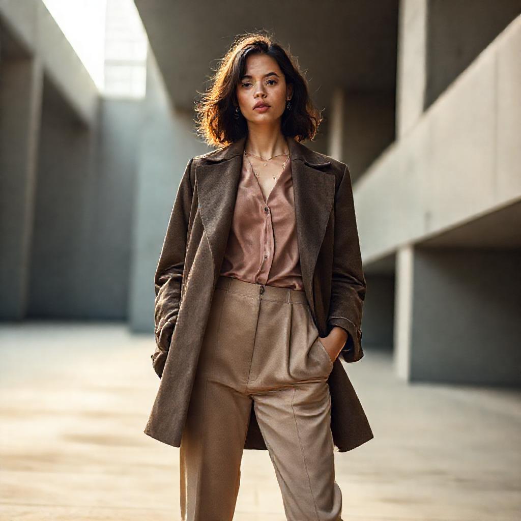 A stylish woman, standing confidently in a minimalist urban setting, bathed in soft, diffused light....