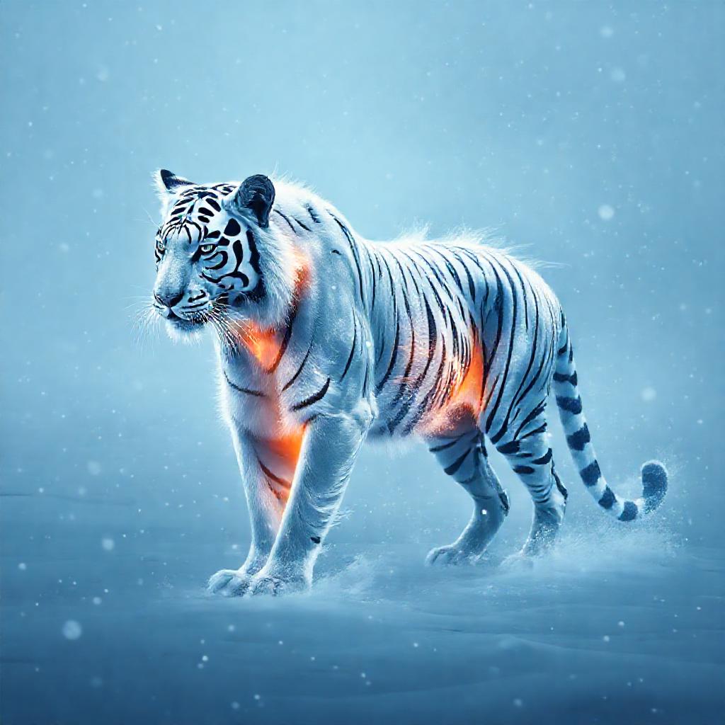 A solitary white tiger, partially translucent, stands amidst a blizzard in a stark, minimalist lands...