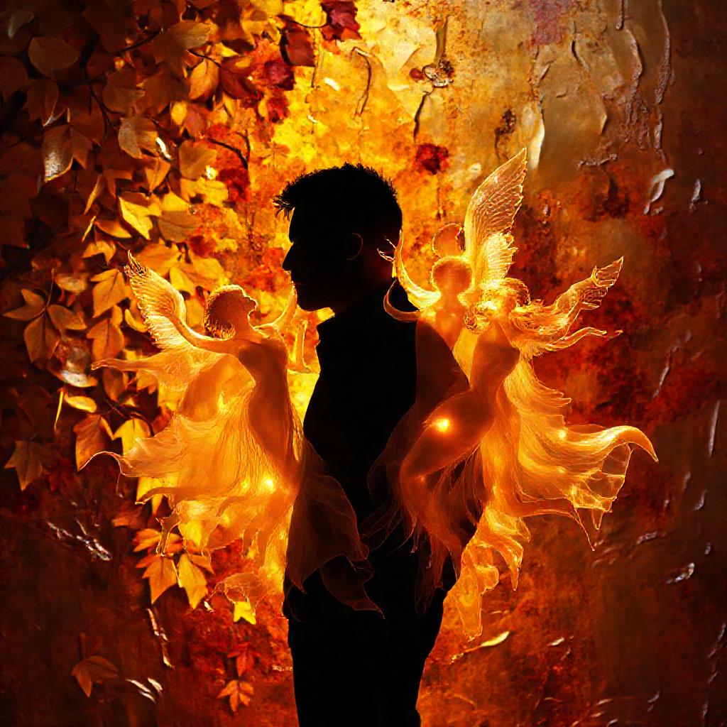 A man, silhouetted against a vibrant, abstract backdrop of golden autumn leaves and polished metal t...