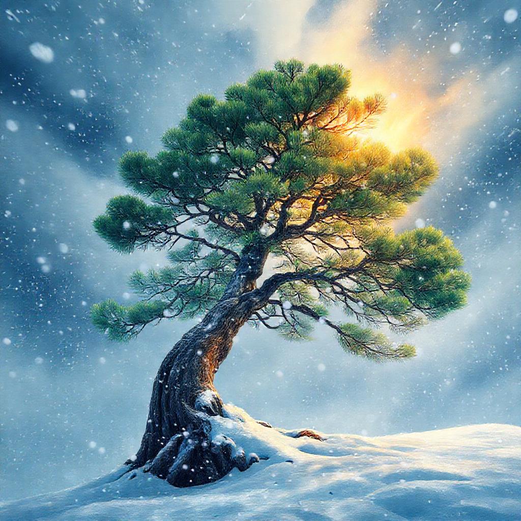A solitary, ancient Korean pine tree stands resilient amidst a swirling blizzard. Vibrant emerald ne...