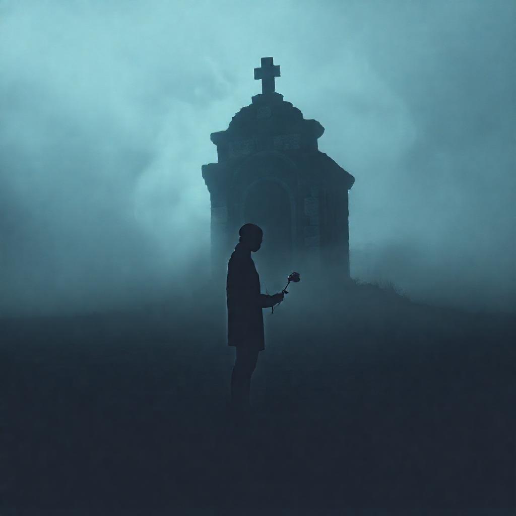 A solitary figure, silhouetted against a vast, muted grey landscape. A crumbling stone mausoleum dom...