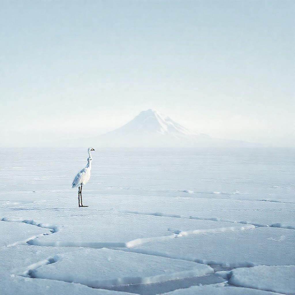 A single, delicate white crane standing on fractured ice, gazing towards a distant, obscured mountai...