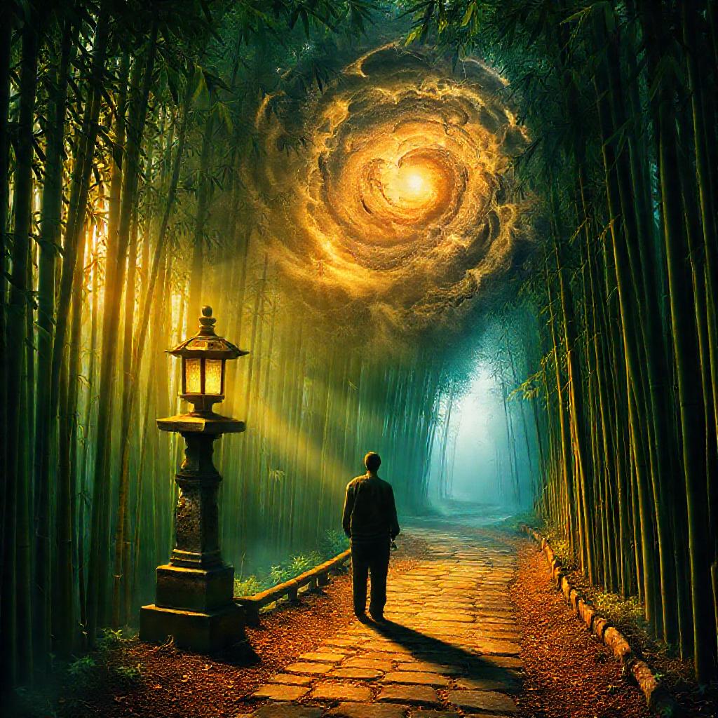 A winding, ancient path through a bamboo forest, shrouded in mist. Golden light filters through the ...