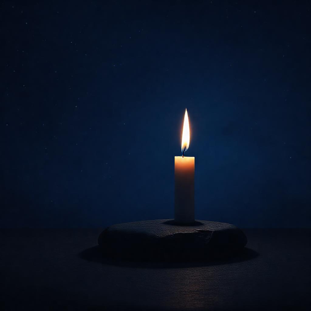 A single, flickering candle flame against a vast, dark indigo night sky filled with subtle, swirling...
