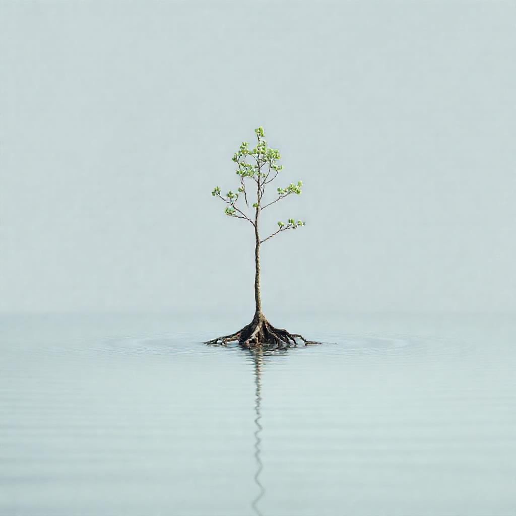 A single, resilient tree emerging from calm, reflective water, its roots subtly anchoring into the d...