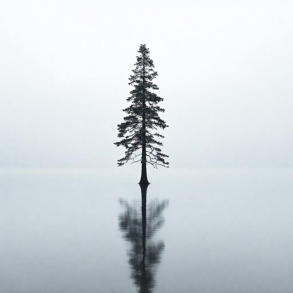 A solitary, large pine tree standing in a still lake, minimalist style. The tree is tall and dark, i...