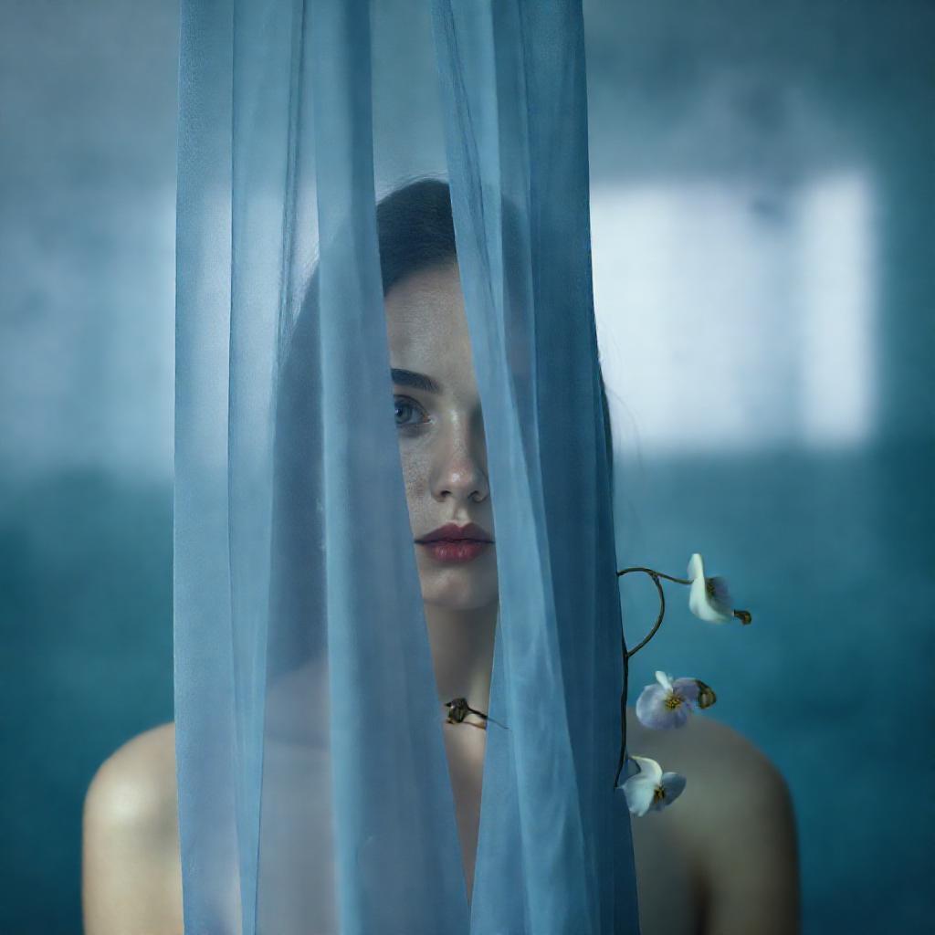 A woman stands partially obscured by a sheer, flowing curtain of cool blues and grays, bathed in sof...