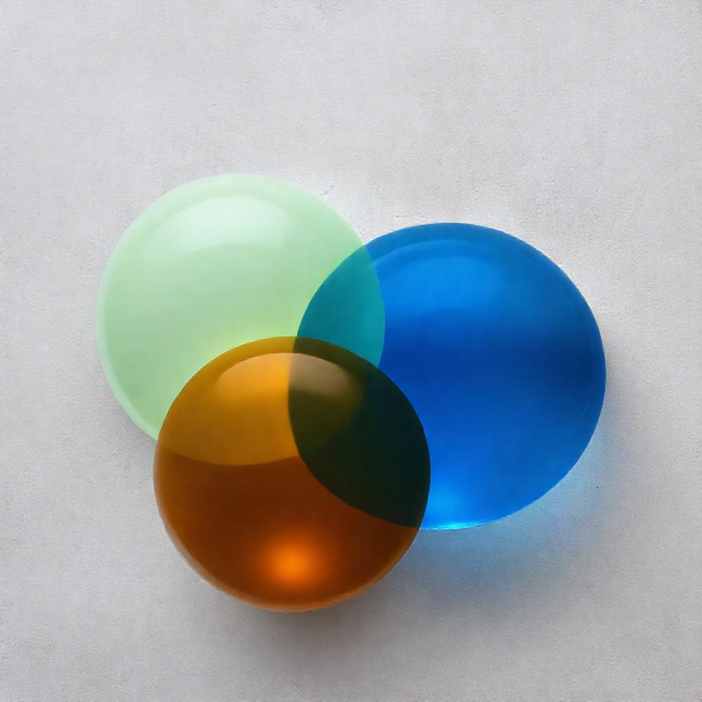 Minimalist composition. Three overlapping translucent orbs, each a distinct hue: pale green (wood), ...