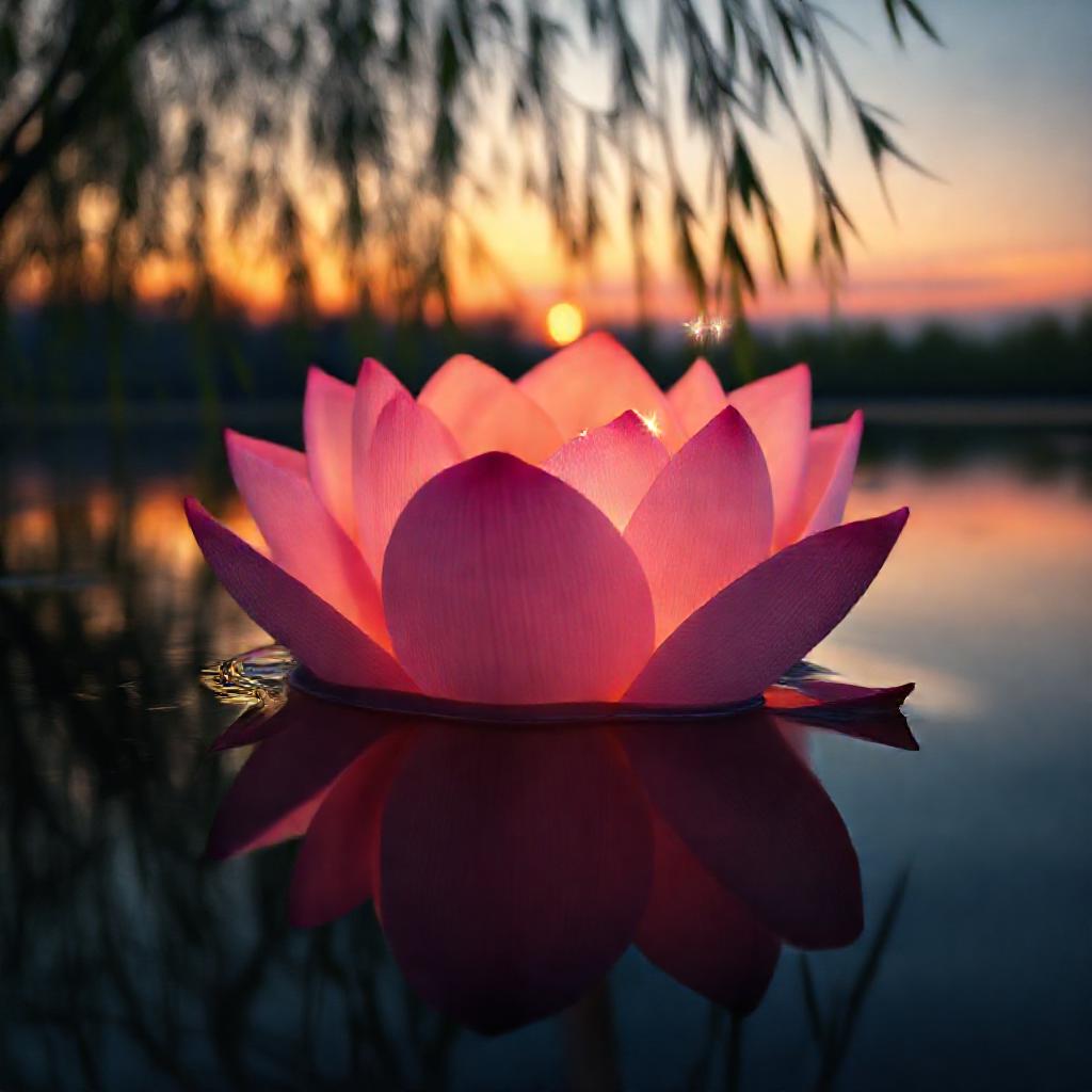 A blossoming lotus flower, partially submerged in still, clear water reflecting a twilight sky. Soft...
