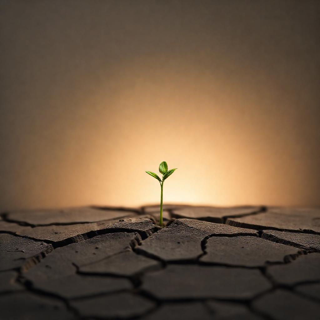 A single, delicate sprout emerging from cracked earth, reaching towards a soft, diffused light sourc...