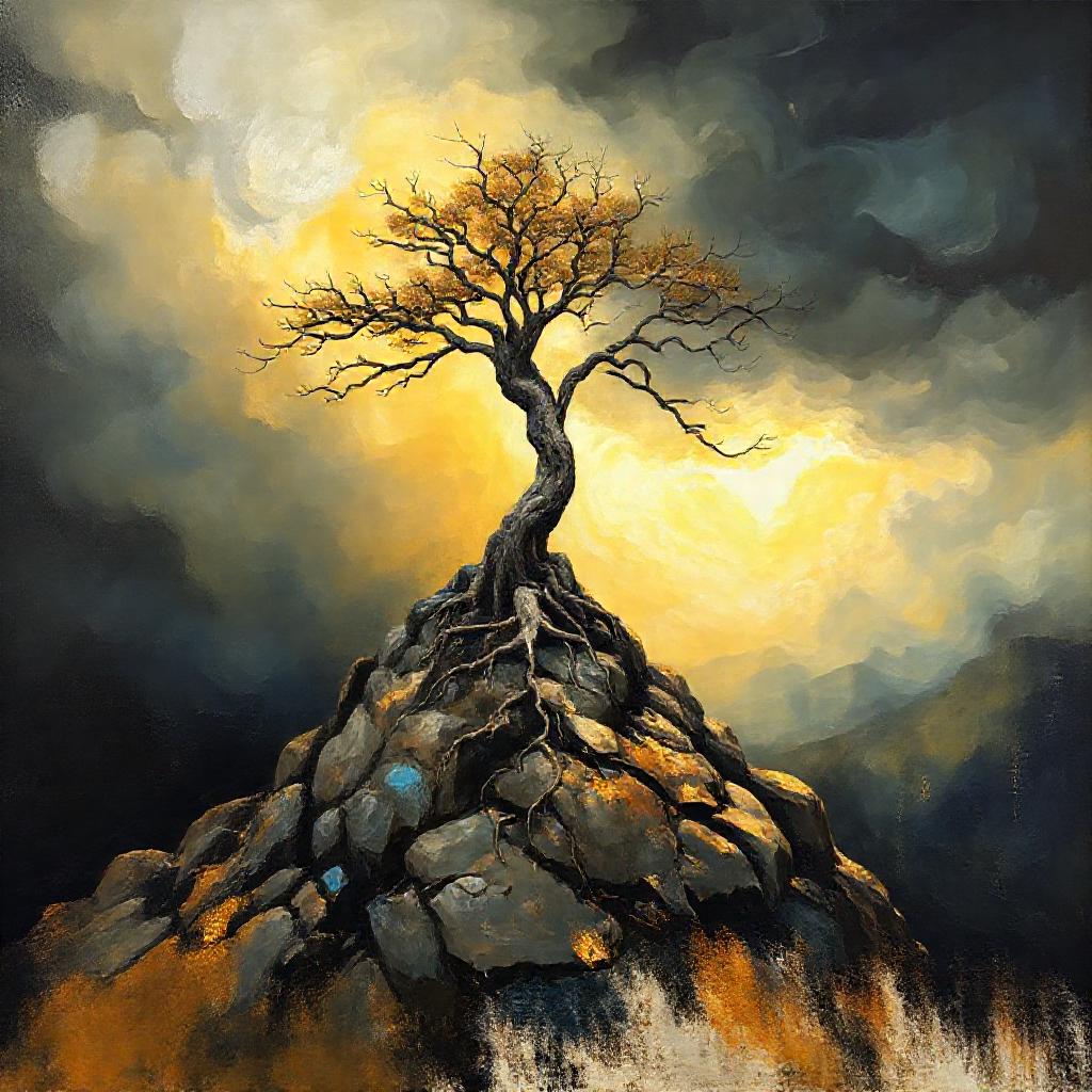 A lone, weathered tree standing atop a rugged, rocky peak, bathed in the golden light of a breaking ...