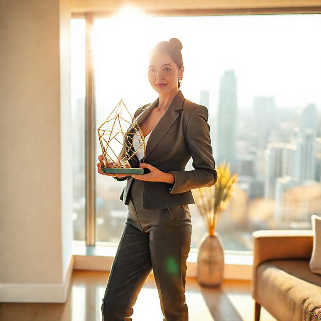 A woman stands confidently in a minimalist, sun-drenched modern apartment, overlooking a cityscape. ...