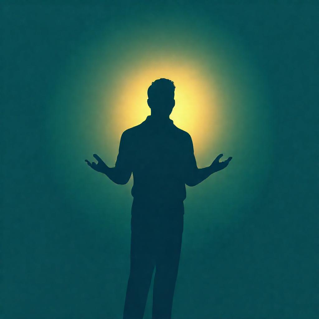 A single, stylized silhouette of a man, mid-gesture as if speaking with open hands. Soft, diffused g...