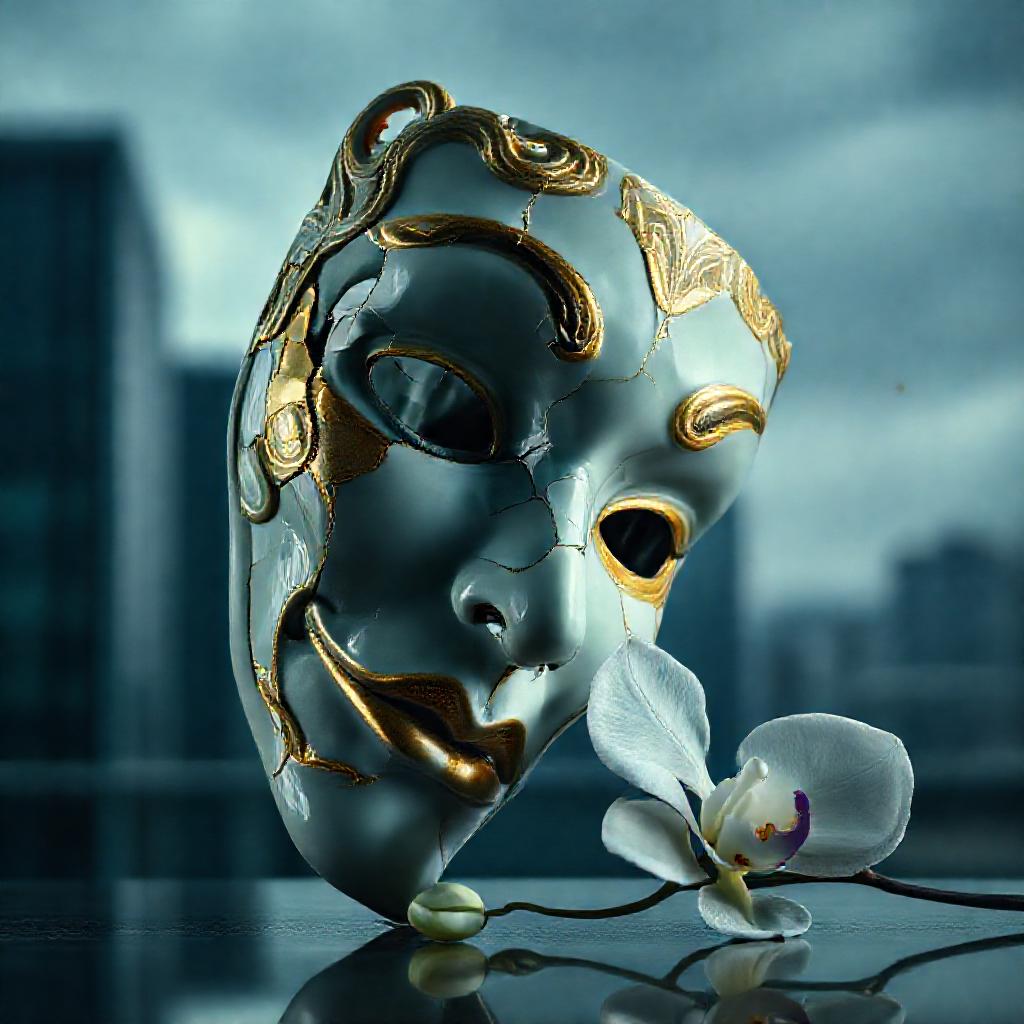 A cracked, ornate porcelain mask, partially repaired with gold kintsugi, reflecting a stormy, grey s...