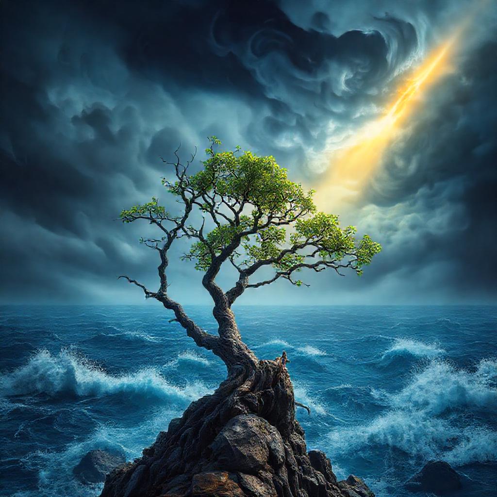 A lone, resilient tree growing on a rocky, windswept cliff overlooking a turbulent, deep-blue ocean....