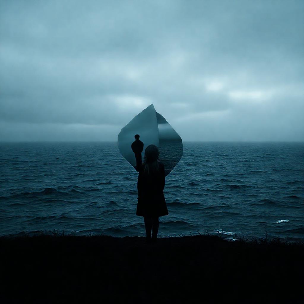 A solitary woman stands silhouetted against a vast, stormy grey ocean. Cold, diffused light. A fract...